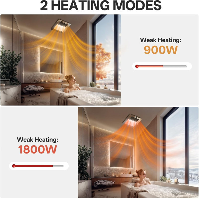 Ventilateur de salle de bain 4 en 1 avec lumière et chauffage, ventilateur noir miroir, silencieux et puissant pour la ventilation, télécommande