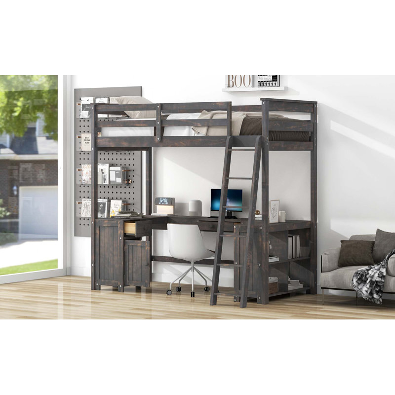 Full Size Loft Bed with U-shaped Desk, Drawers and Storage Shelves,, Brown, Twin