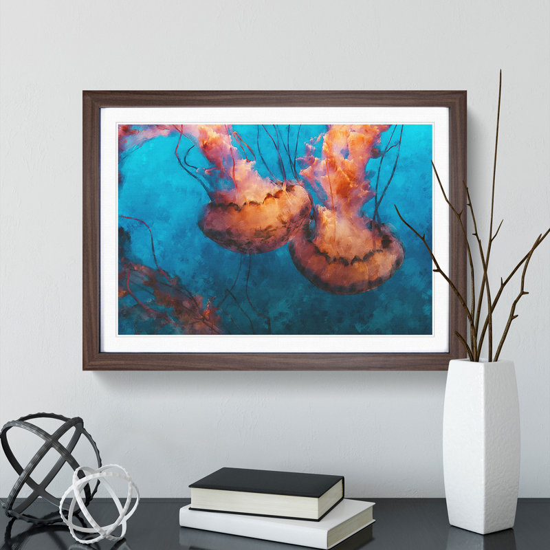 Pink Jellyfish - Picture Frame Painting Print, 24cm H x 33cm W x 2cm D, Walnut Framed