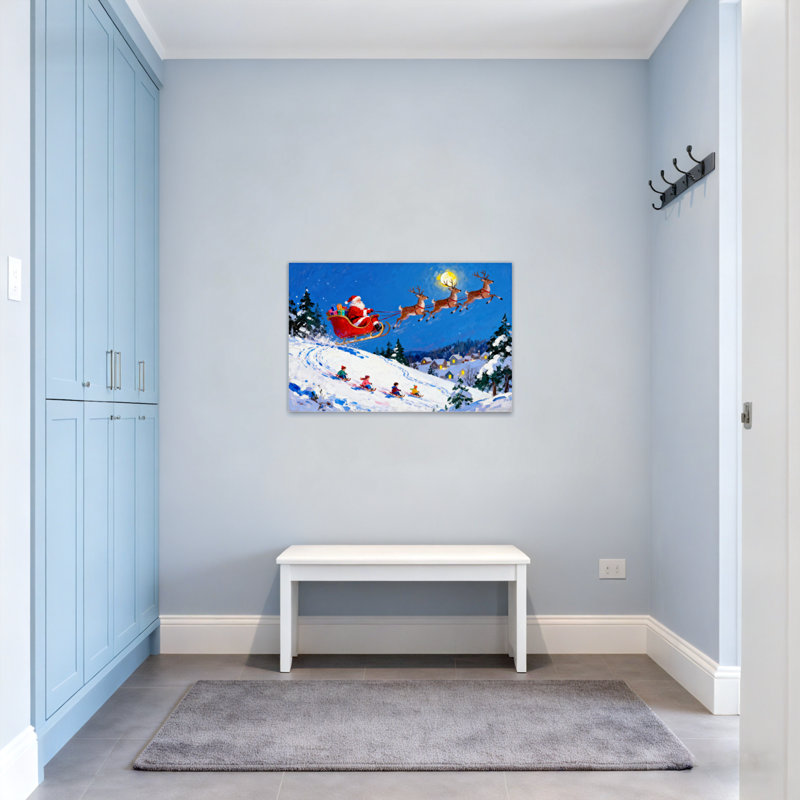 Noël père Noël survolant un paysage enneigé, H 12 po x l 18 po