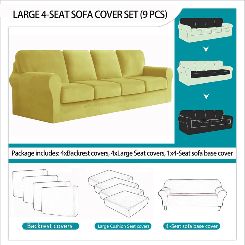 Sofa Cover With Separate Seat Cushions And Backrests Stretch Velvet Sofa Slipcover Couch Covers Furniture Protector Split Combined (Large 4 Seat Set 9 PCS)