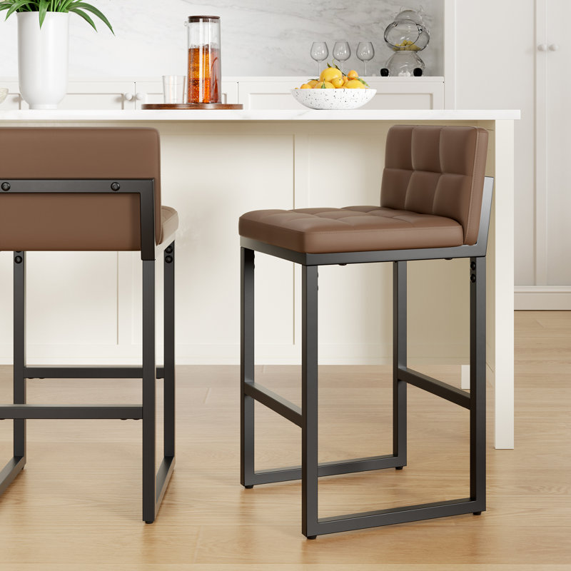 Sturdy Modern Low-Back Counter Height Bar Stools with Metal Frame and Faux Leather Upholstery, Dark Brown