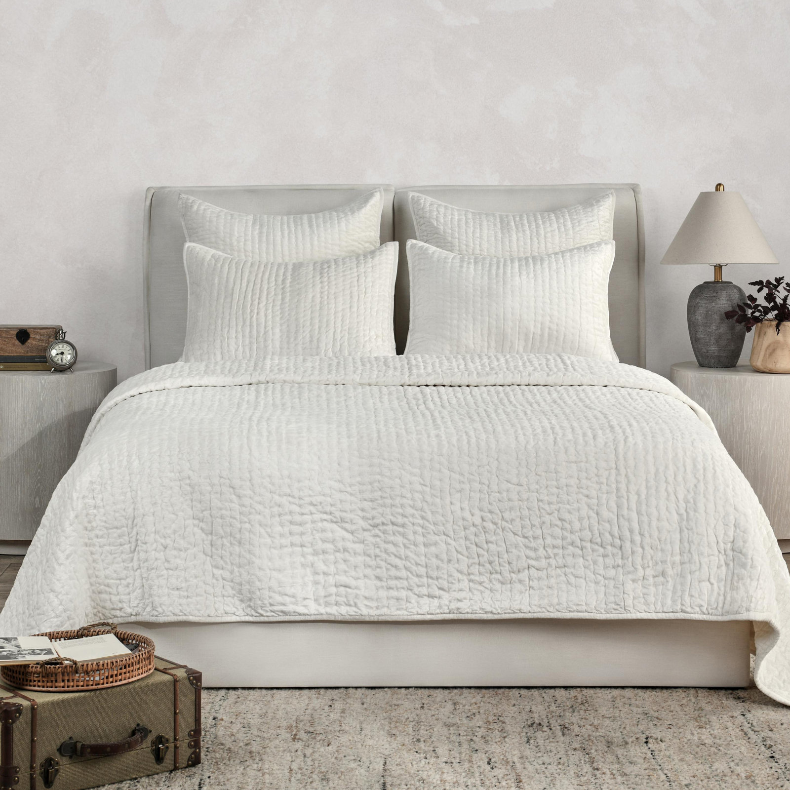 Velvet Quilt Set, Queen Quilt, Ivory