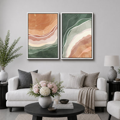 " Green and Brown Watercolor Color Waves Abstract Shapes Modern Chic " 2 Piece Art Graphic Art Print