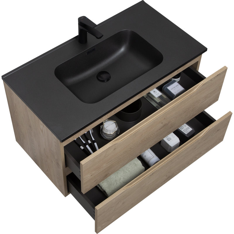 Meuble-lavabo mural simple avec comptoir en quartz noir et meuble-lavabo au fini bois naturel Passonno, 36"