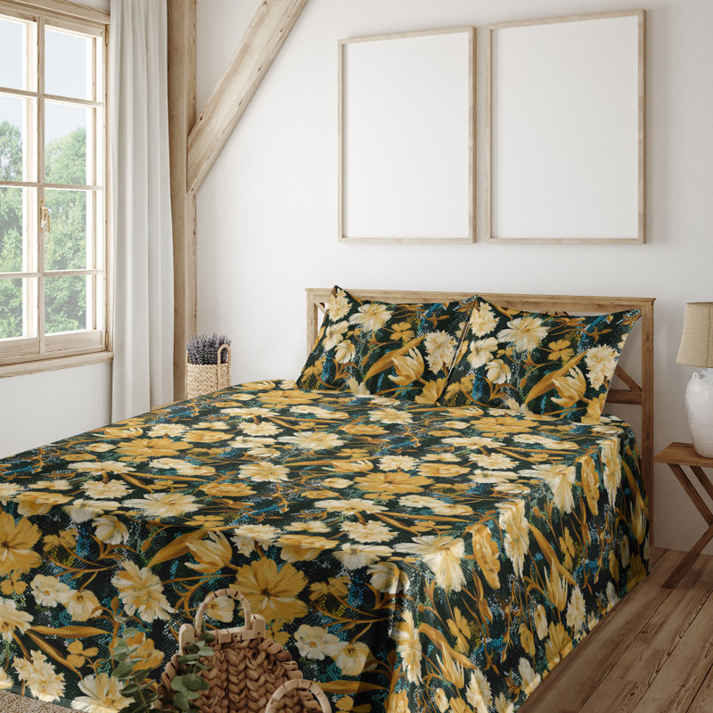 Ambesonne Watercolor Botany Sheet Set 4 Pcs Retro Boho Bloom, Pale Earth Yellow Cream Floral