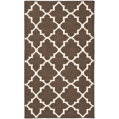 Rodgers Hand Woven Flat Weave Wool/Cotton Geometric Rug in Brown/Ivory