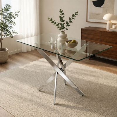 Rectangular Dining Table, 47.24" Glass Dining Table with Silver Legs, Modern Kitchen Table for Home Kitchen, Dining Room