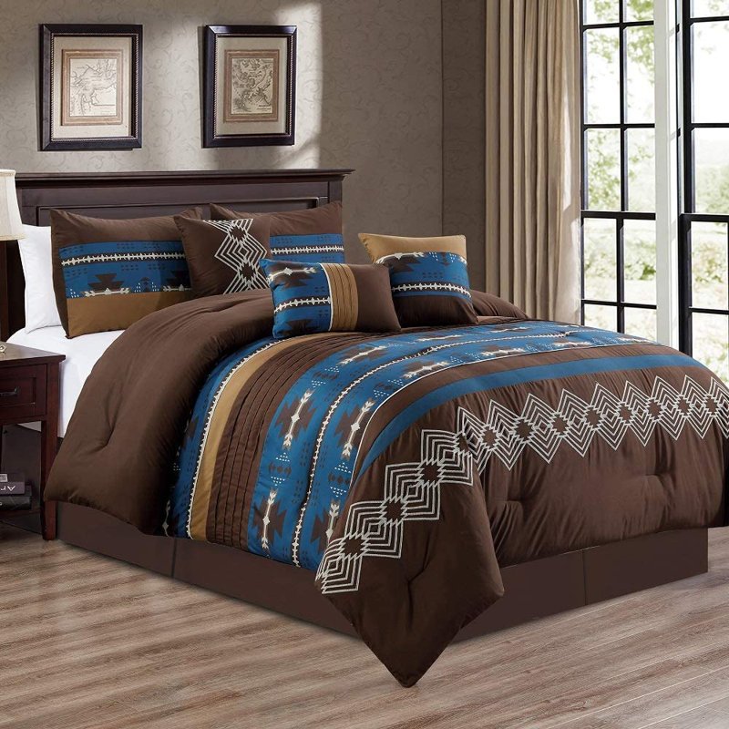 Polyester Ring Stitch Geometric Shapes Comforter, King Comforter + 6 Additional Pieces, Navy