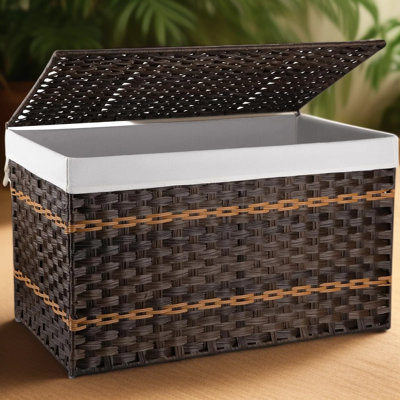 Large Storage Basket With Lid And Removable Liner - Durable Synthetic Wicker Hamper With Handle For Laundry, Blankets, And Home Organization