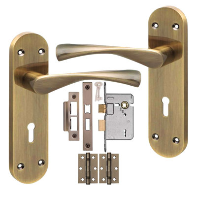 Golden Grace 1 Pair Victorian Astrid Design Long Rounded Backplate Scroll Door Handle Antique Brass Metal 3 Lever Lock Set - 182mm x 45mm