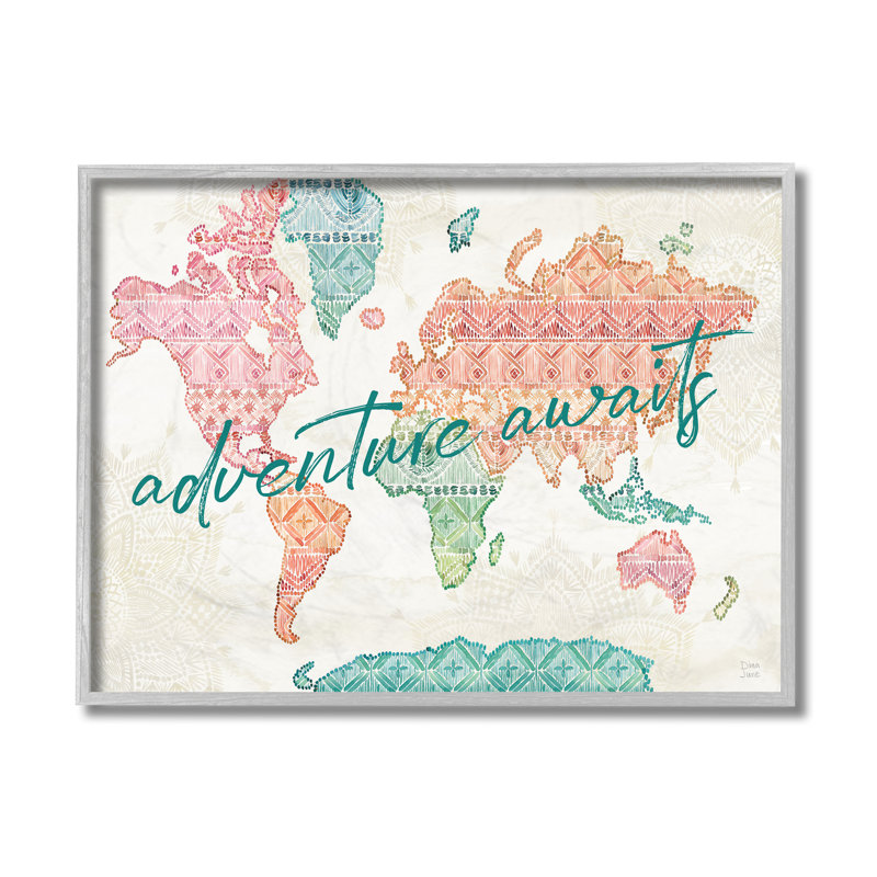 «Adventure Awaits Expression Macrame» Carte du monde, H 16 po x l 20 po, Estampe numérique Farmhouse