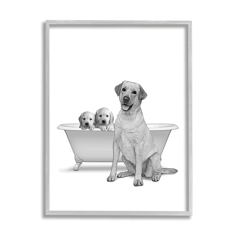 "Dog Family Bathroom Animals" encadrée sur bois par Annalisa Latella, impression, H 11 po x l 14 po x P 1,5 po