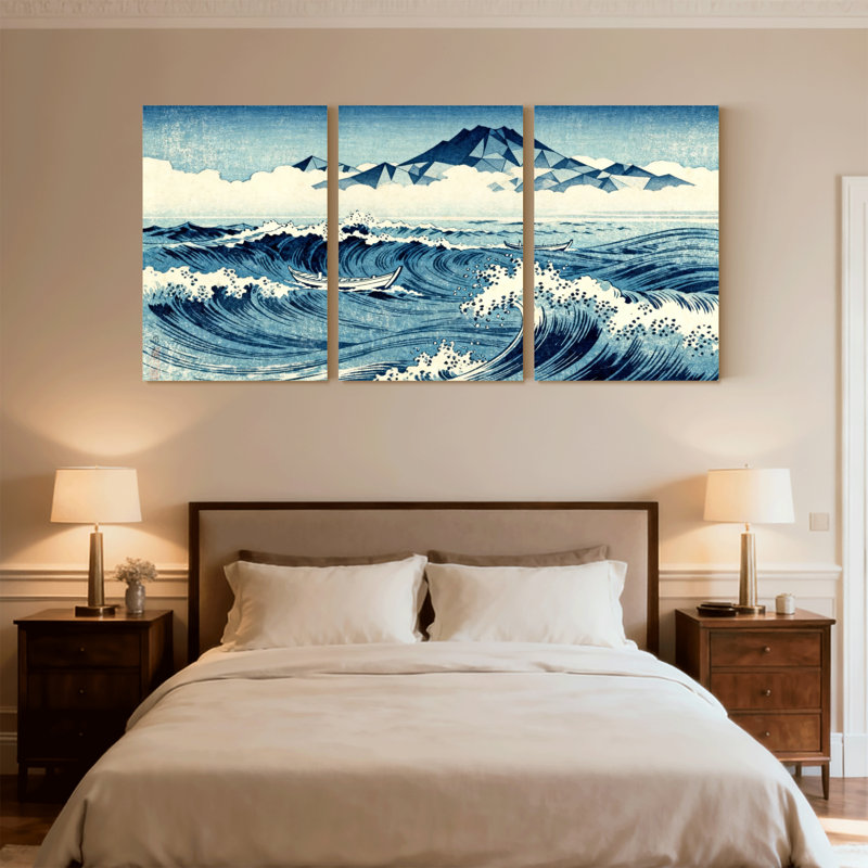 «Ocean Waves Boat Mountains Sky Reflection», ensemble de 3 reproductions d'art sur toile, H 18 po x l 36 po
