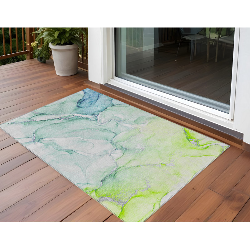 10' X 14' Green Abstract Washable Non Skid Indoor Outdoor Area Rug, Rectangle 3' x 5'
