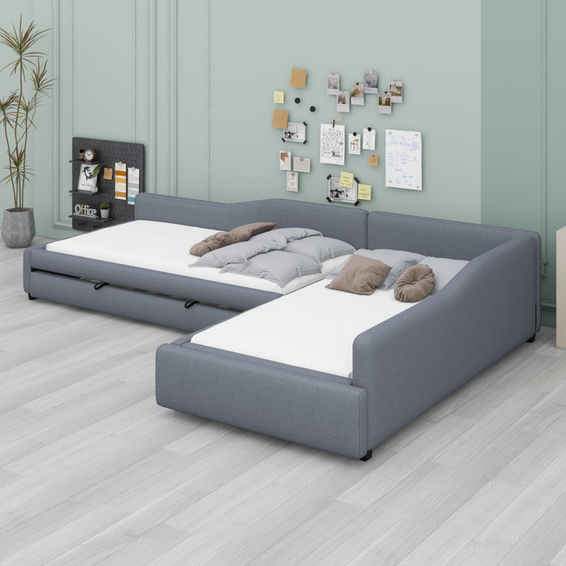  Wooden Daybed With Trundle and Drawer, Gray