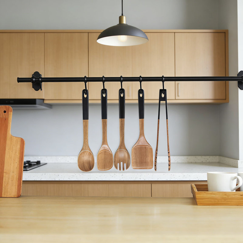 Ensemble d'ustensiles en bois d'acacia 6 pièces pour la cuisine, ustensiles de cuisine anti-égratignures avec trou de suspension et cran d'arrêt sécuritaire, poignées ergonomiques lisses
