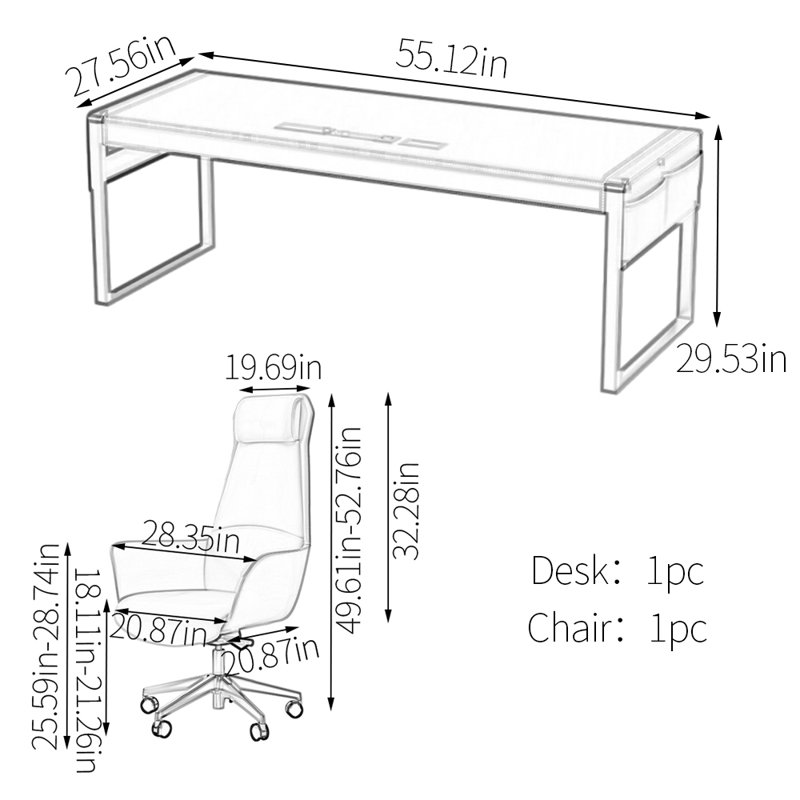 Bureau en cuir raffiné, 29.53" H x 55.12" W x 27.56" D