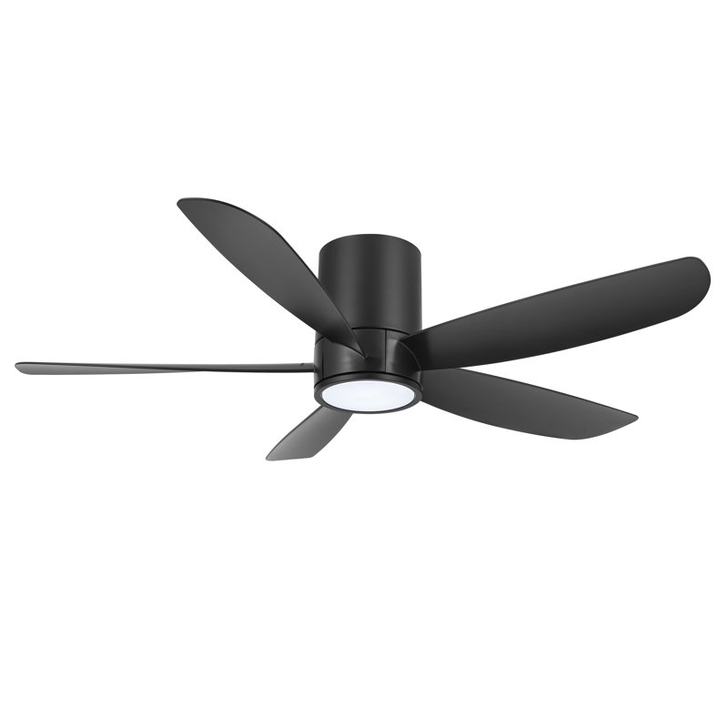 52 In. 5 Blades Flush Mount Indoor Ceiling Fan With Light Kit And Remote, Black, Black, Black