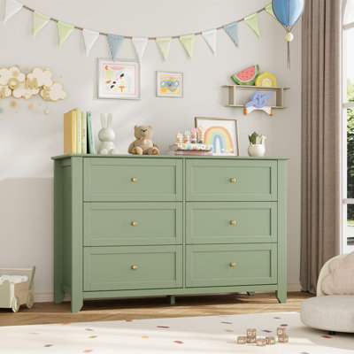 Commode 6 tiroirs verte pour la chambre à coucher, grande commode avec tiroirs profonds et boutons en métal, commodes en bois modernes pour le vestibule, couloir