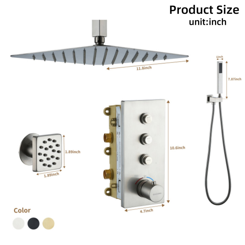 Système de douche thermostatique de salle de bain à 3 fonctions 12 pouces au plafond, Nickel brossé
