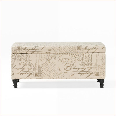 Ottoman with Storage, Rectangular Upholstered Bench French Script Fabric Solid Wood Legs for Living Room Entryway Bedroom | Wood | Wood