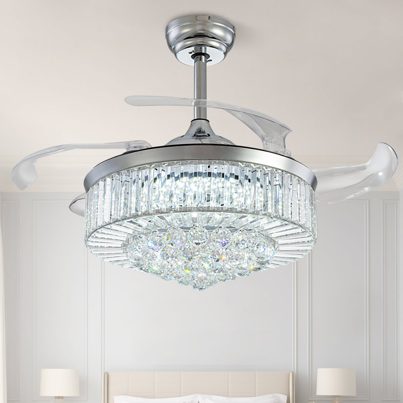 Chandelier Crystal Ceiling Fan With Light Retractable Blades Remote - 42"
