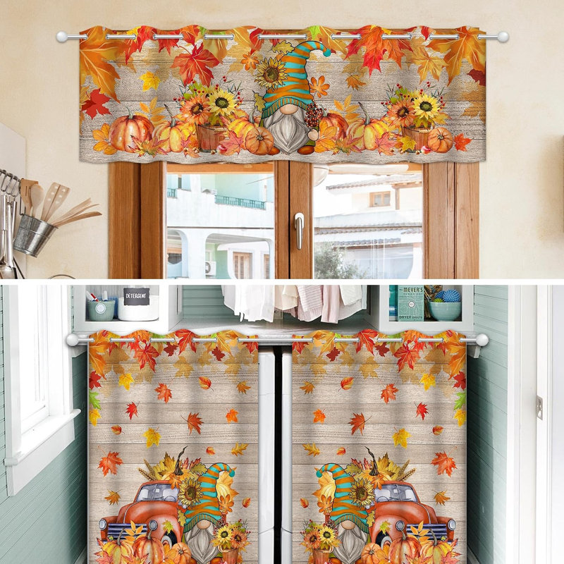 Ensemble de 3 rideaux de cuisine avec lambrequins et cantonnières à motifs de nains d'automne - Rideaux de fenêtre de style ferme avec camion et citrouilles pour les récoltes