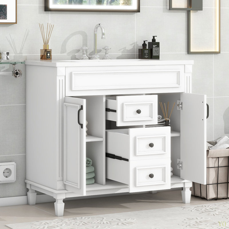 Meuble-lavabo 36 po avec lavabo supérieur, armoire de rangement moderne avec 2 portes à fermeture douce et 2 tiroirs, meuble-lavabo simple