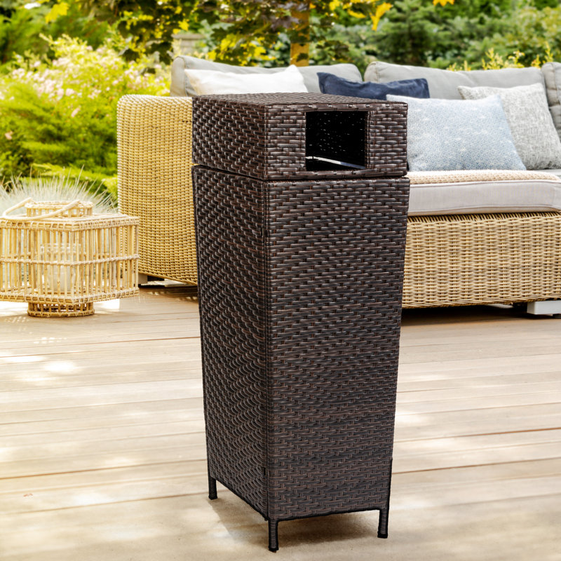 Keaton Modern 24.13-Gallon All-Weather Wicker/Metal Lidded Hideaway Outdoor Trash Can, Brown