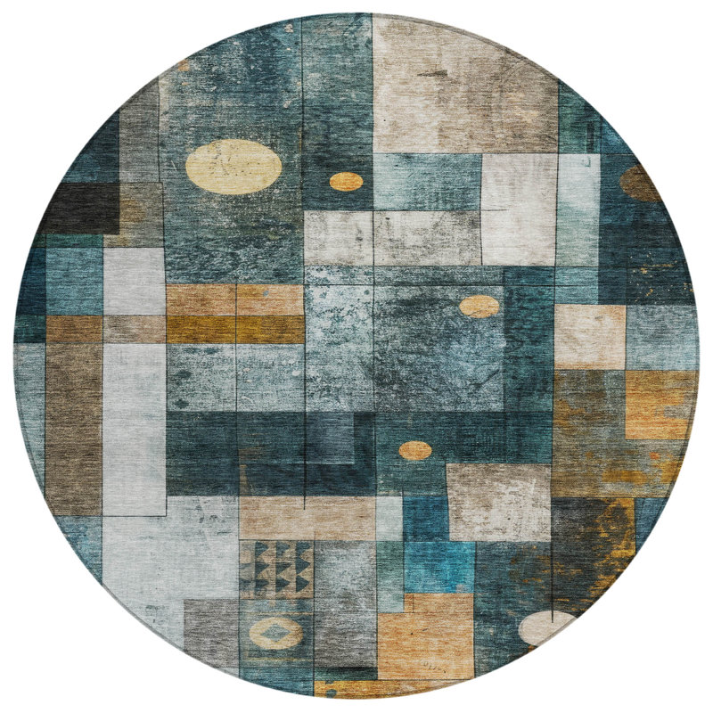 Machine Washable Indoor/Outdoor Chantille ACN1123 Teal Rug, Round 8'