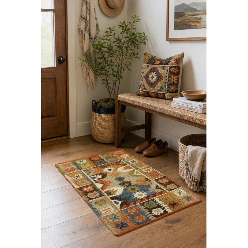 Tapis 100% laine tissé à la main à motif oriental tribal multicolore Southwestern