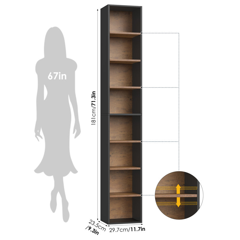 Bibliothèque étroite Gracyn à 8 niveaux avec tablettes réglables, Noir/noyer, 1