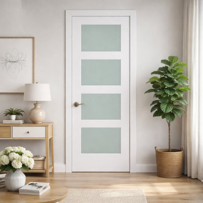 White Primed 4-Lite Frosted Glass Interior Door Slab, 30 In. X 80 In.