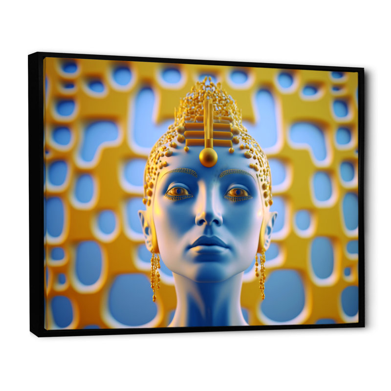 Bouddha contemporain en or et bleu V - reproduction sur toile, H 30 po x l 40 po x P 1,5 po, Toile avec cadre flottant noir