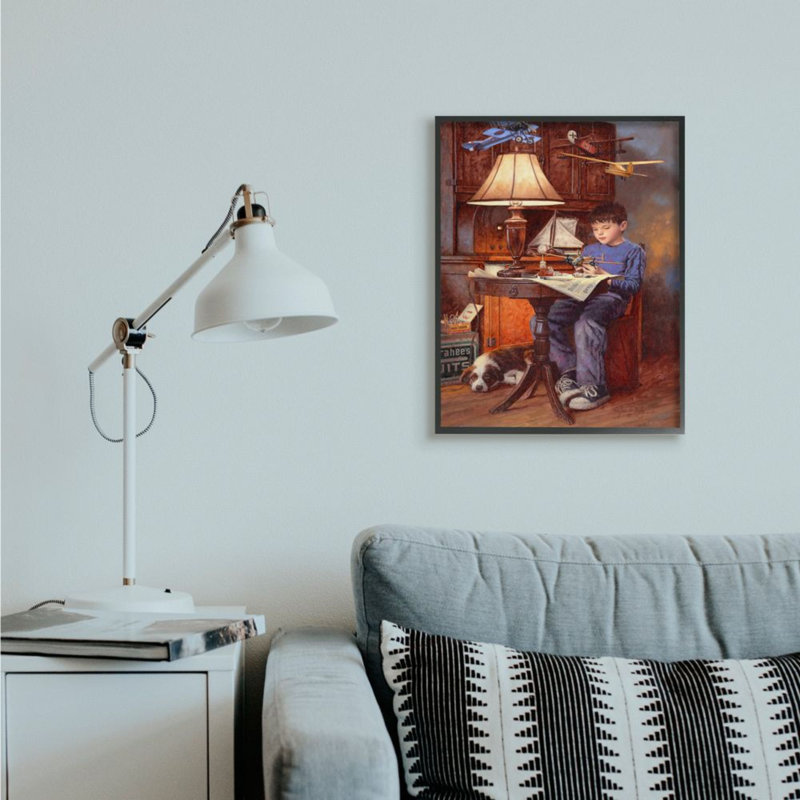 Impression d’art graphique garçon avec avion chien chien bleu par Jim Daly, H 30 po x l 24 po, Giclée encadrée noir minuit