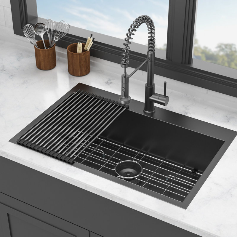 Gunmetal Black Drop In Kitchen Sink - 30" Wide. Stainless Steel 18 Gauge. Single Bowl. Scratch & Corrosion Proof. Easy To Clean. 9" Deep With Drain Assembly And Rinse Grid 30"X22"X9". Gauge Steel. .