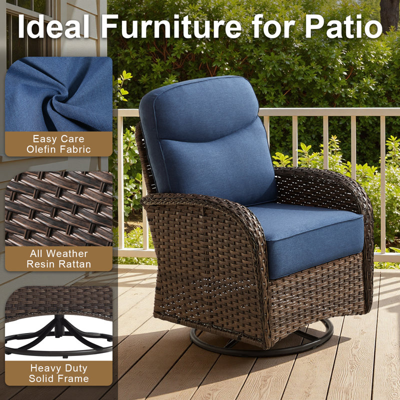 5-Piece Outdoor Patio Wicker High Backrest Fire Pit Conversation Set With Swivel Chairs And Sofa, Blue