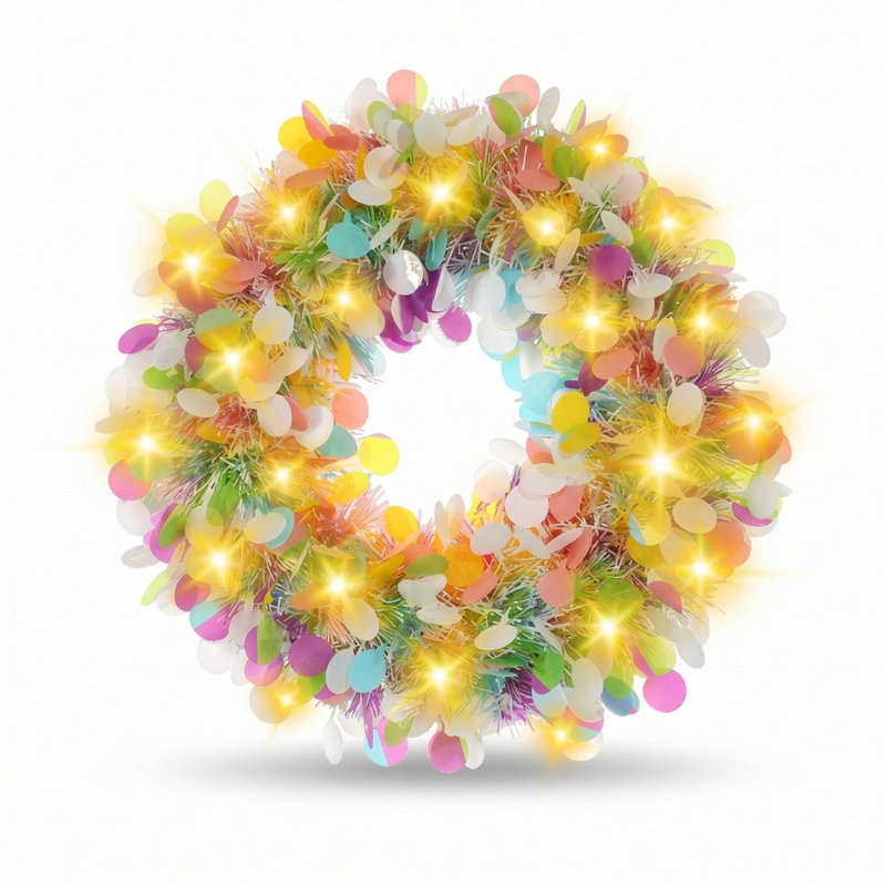 Couronne de paillettes multicolore 15,7 pouces pré-éclairée, base en forme de guirlande arc-en-ciel avec lumières chaudes pour la fête et les fêtes