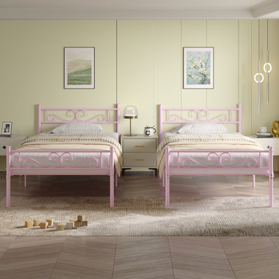 2 Set Bed Frame, 2 Pcs Twin Size Metal Platform Bedframe with Headboard & Footboard, Mattress Foundation with Steel Slat Support, Underbed Storage, No Box Spring Needed (Set of 2)