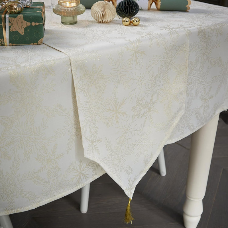 Christmas Metallic Blizzard Snowflake Tasselled Table Runner, Cream, 33cm W x 183cm L