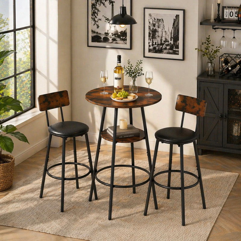 3-Piece Bar Table Set for 2, 2-Tier Round Bistro Dining Table & PU Stools, Counter Height Table, Brown 2, Brown