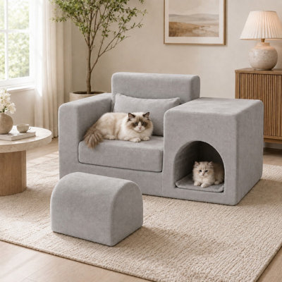 55.2" W Pet-Friendly Convertible Accent Chair with Built-In Cat & Dog Hideaway, Memory Foam Fold-Out Seat and Ottoman, Gray