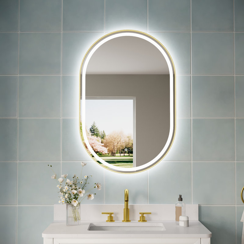 ZC-Mirror  36" H Wall Mounted Bathroom Framed LED Mirror With Memory Function, 36" x 24", Brushed Gold