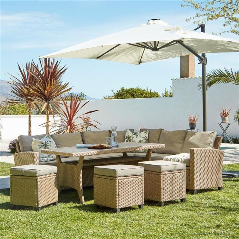 Bernardina All Weather Wicker/Rattan 9 - Person with Cushions & Parasol, White, Beige