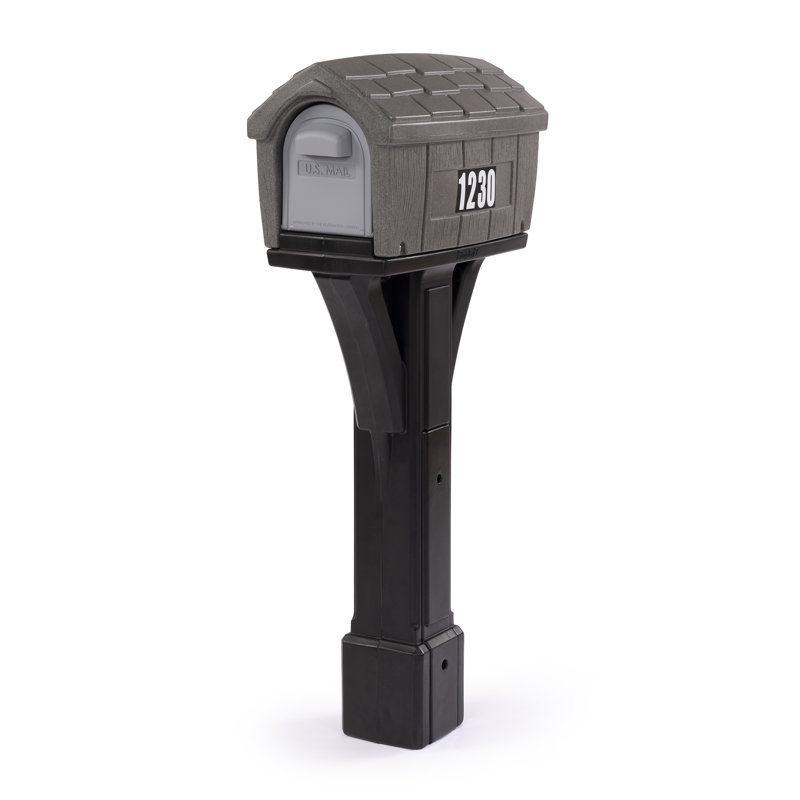 Classic Gray Stone and Black Plastic Mailbox with Post
