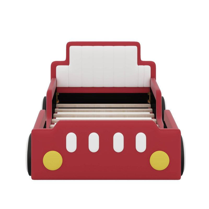 Lit simple de course en forme de voiture avec roues, Rouge