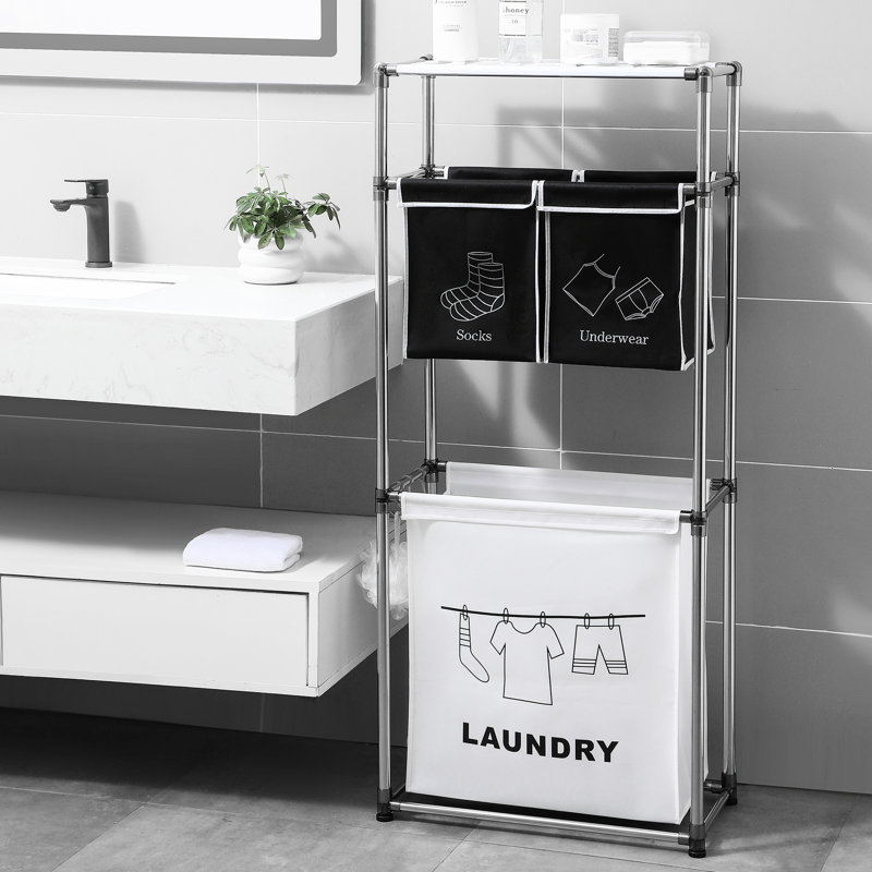 Panier à linge avec tablettes larges, 3 niveaux, imperméable, cadre en fer, panier à linge amovible pour 4 sacs Tidy Home, rangement pratique