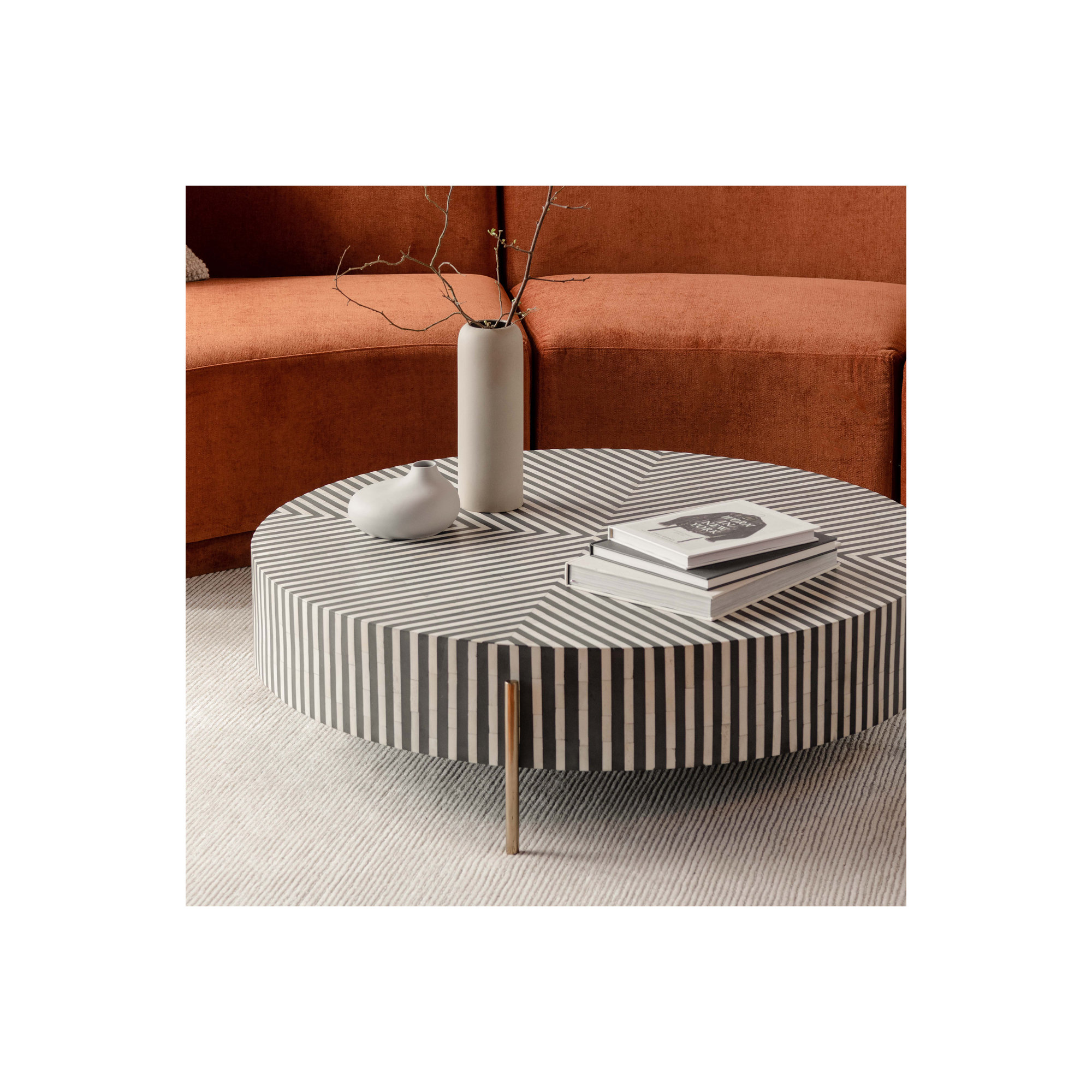 Bron Round Bone Inlay Coffee Table, 12" H x 48" L x 48" W