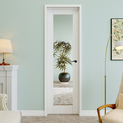 Porte intérieure pré-suspendue 24 po x 80 po avec miroir 1-Lite avec levier incurvé et charnières noires